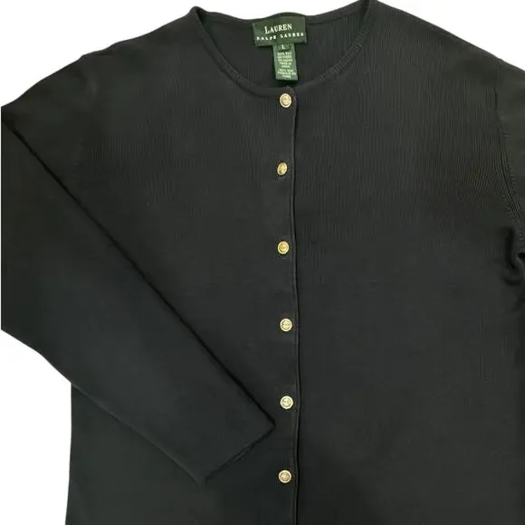 Vintage 100% Silk Navy LAUREN Ralph Lauren Gold Button Cardigan Sweater Large - Picture 2 of 12